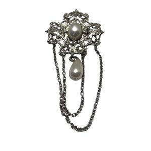 80’s Silver Tone Victorian Revival Brooch with Faux Pearls & Silver Tome Chains